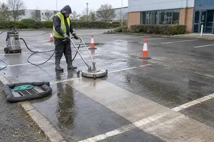 Surface cleaner at work on a commercial car park